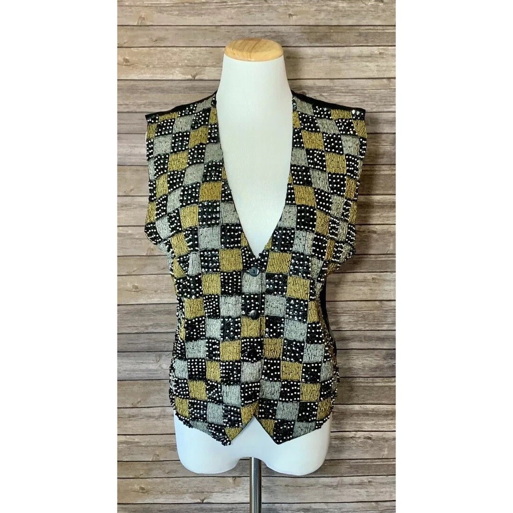 Vtg‎ Creazioni Effeci Womens Beaded Vest Gold Silver Checkered NEW YEARS Large